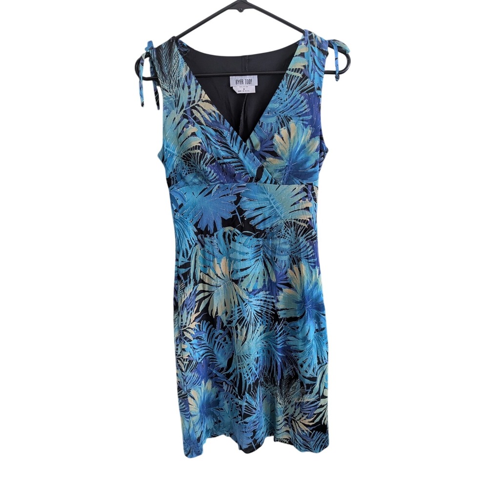 Byer Too! Y2K Vintage Blue Tropical Palm Print Glitter Tie Shoulder Dress Medium